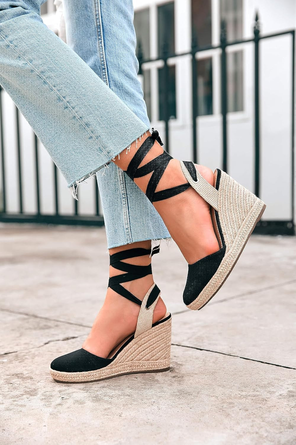 Women'S Espadrille Wedge Sandals Closed Toe Lace up Platform Ankle Wrap Summer Casual Shoes