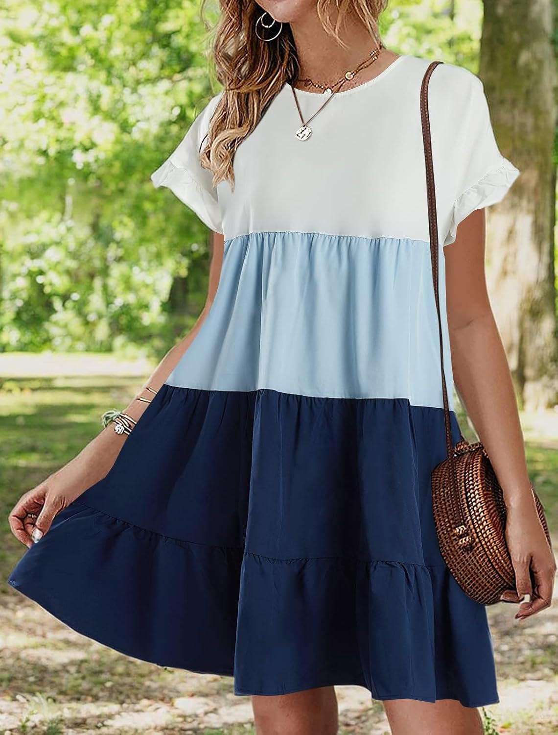 Womens Ruffles Boho Floral Printed Babydoll Loose Swing Casual Short Mini T-Shirt Dress