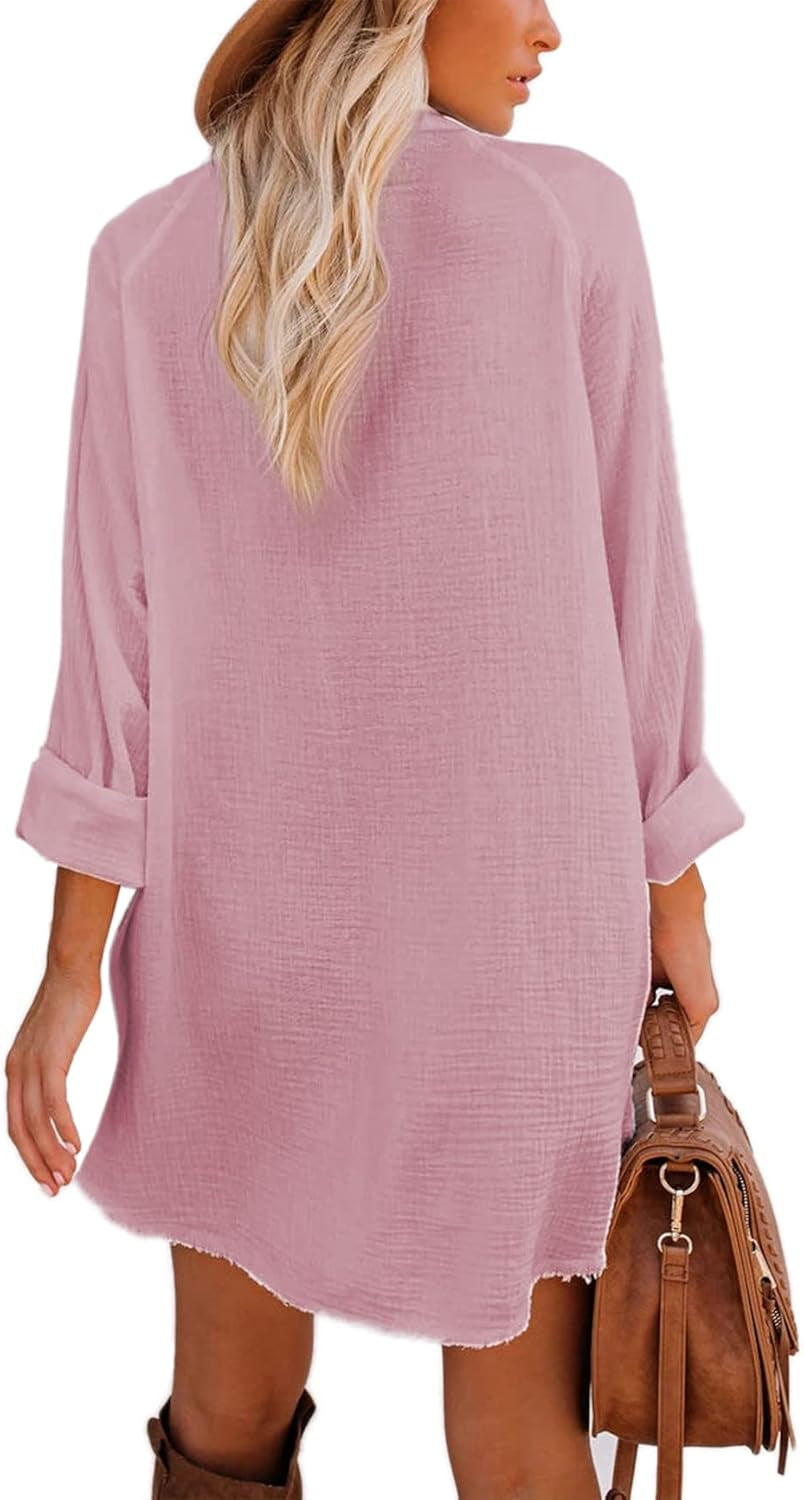 Women'S Long Sleeve Beach Cover-Ups Button down Oversized Tunic Dress Shirt Boho Dresses with Pockets
