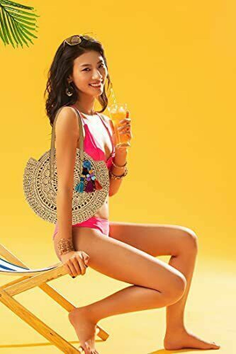 Beach Bag Straw Natural Chic Large round Bohemian Shoulder Hand Bag -Khaki