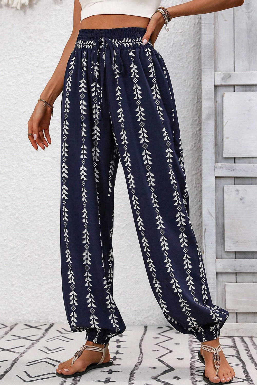 Blue Geometric Print Drawstring High Waist Pants