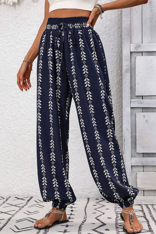 Blue Geometric Print Drawstring High Waist Pants