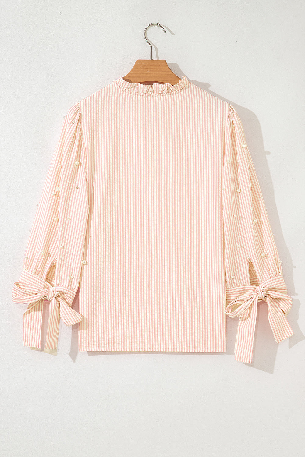 Pink Striped Pearl Beaded Knot Cuffs Blouse