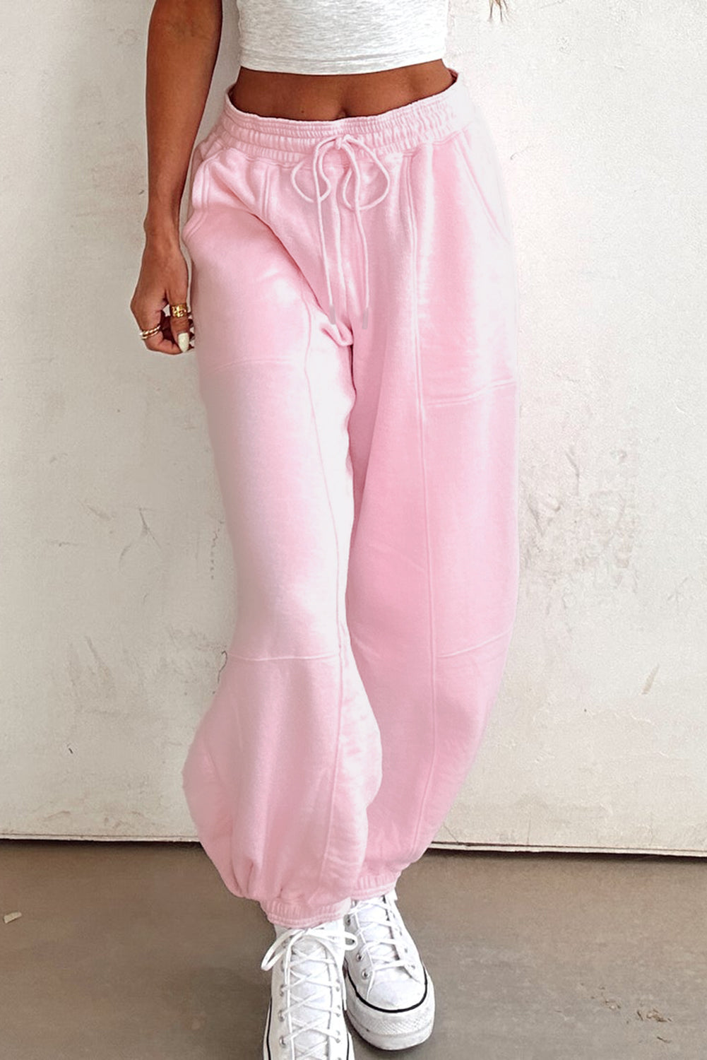 Light Pink Tie Elastic Waist Solid Color Patchwork Jogger Pants