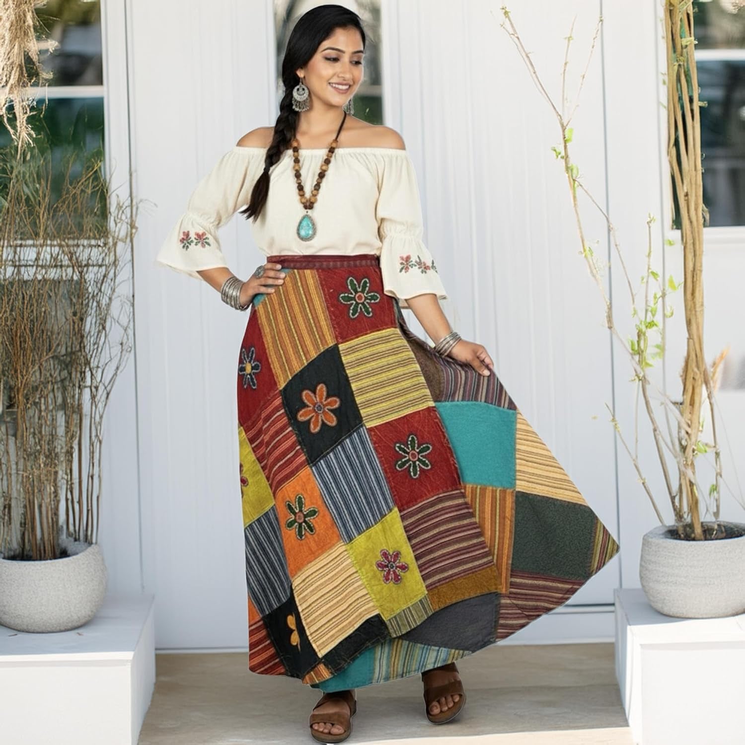 2025 Boho Tie Dye Winter Maxi Skirts for Women – High Waisted Wrap Cover up Patched Long Skirts for Women