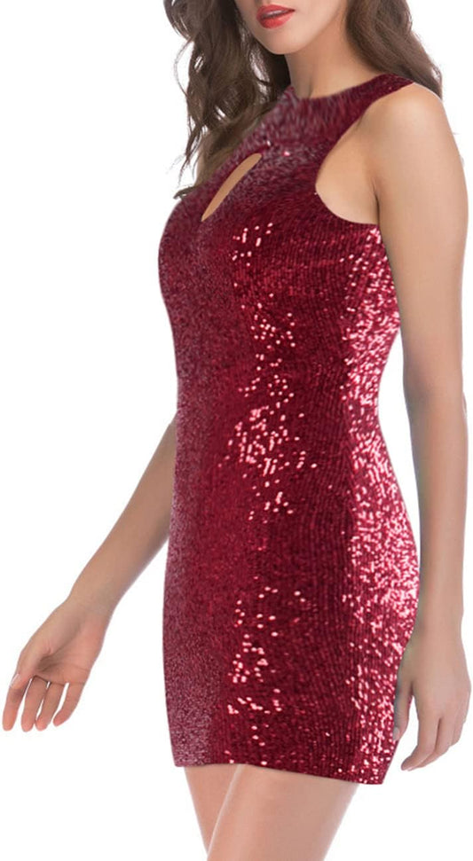 Women Evening Party Dress Sequin Sleeveless Dress Halter Neck Maxi Long Dress Formal Party Prom Gowns