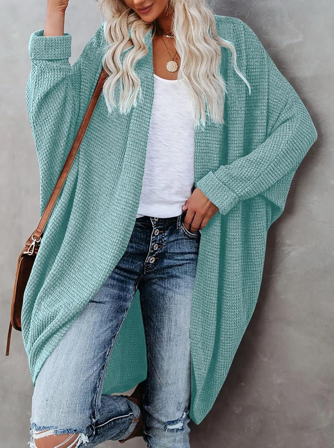 Womens Open Front Knit Cardigan Long Batwing Sleeve Oversized Sweater Chunky Waffle Cable Boho Pockets Coat