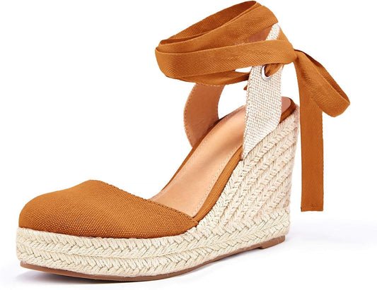 Womens Espadrilles Wedge Sandals Platform Closed Toe Ankle Strap Lace up Summer Shoes