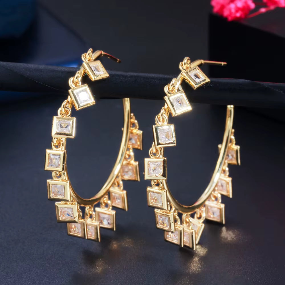 Chic Gold Color Rainbow CZ Big Circle round Dangle Tassel Drop Charms Hoop Earrings for Women 2021 Boho Jewelry CZ818