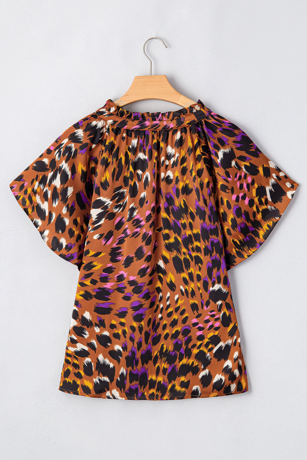 Orange Leopard Printed Short Sleeve Slit V Neck Blouse