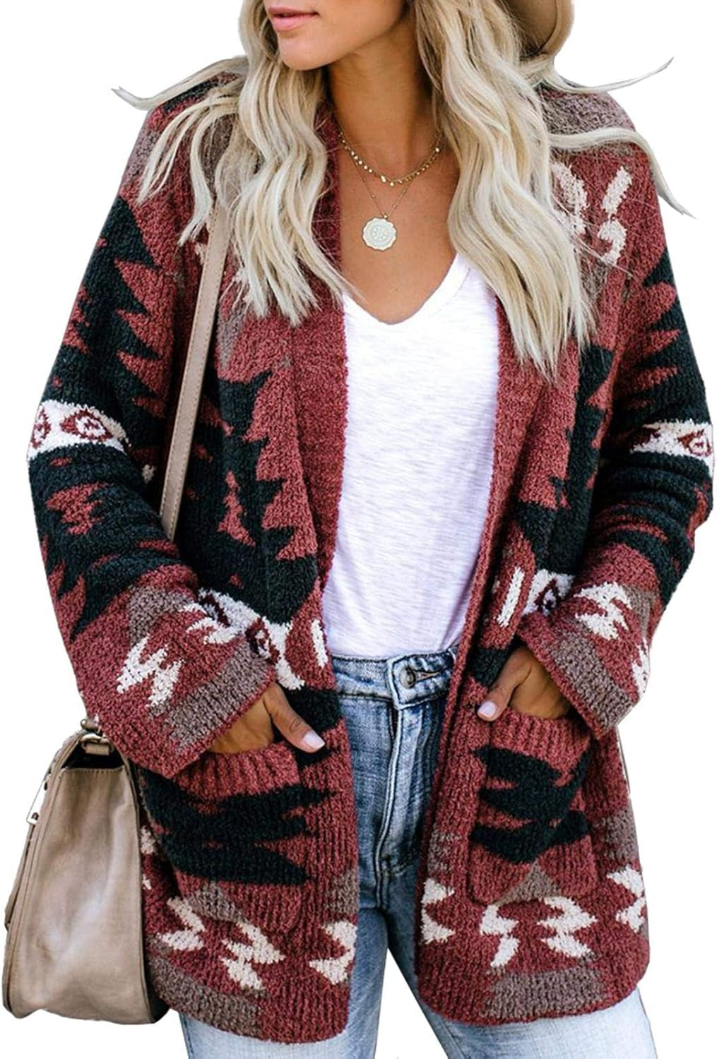 Women Boho Cardigan Aztec Open Front Loose Slouchy Sweaters Tribal Long Sleeve Knitted Christmas Jacket Coat