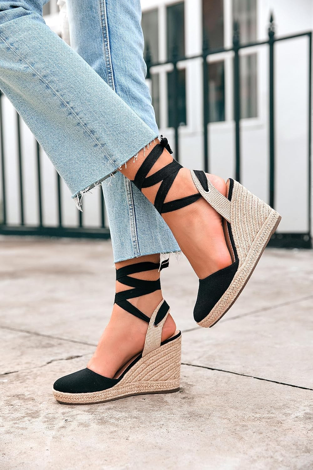 Womens Espadrilles Wedge Sandals Platform Closed Toe Ankle Strap Lace up Summer Shoes