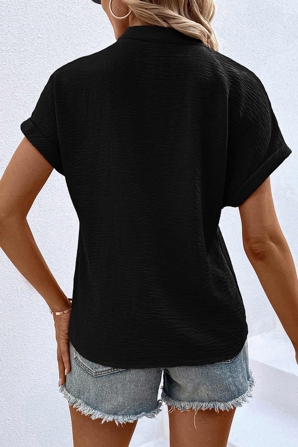 Black Notched Neck Batwing Sleeve Blouse