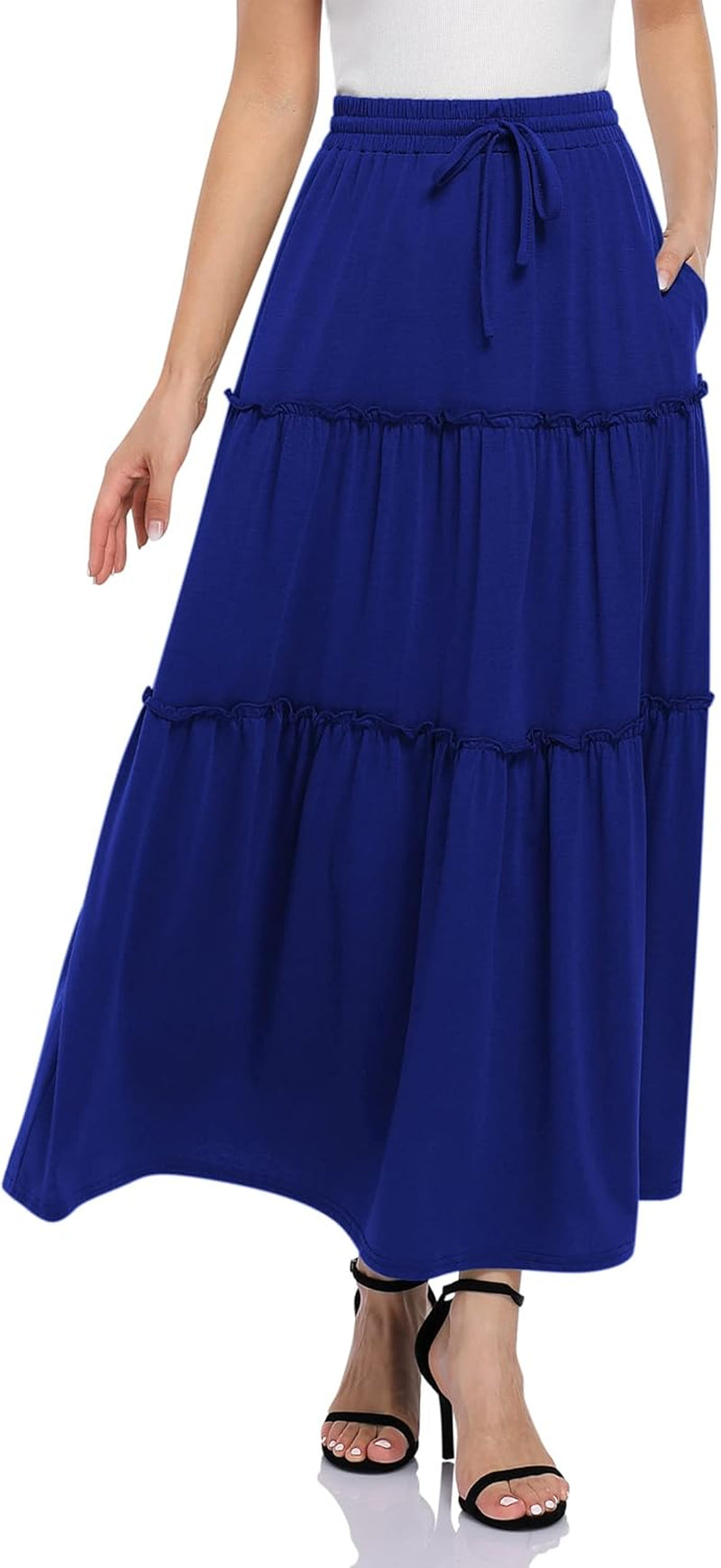 Womens High Waisted Long Skirts a Line Boho Ruffle Flowy Tiered Pleated Maxi Skirt with Pockets