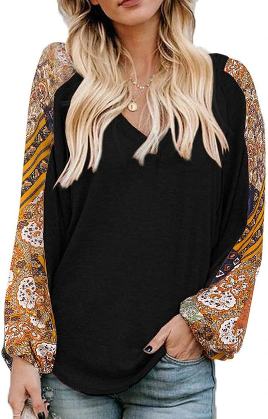 Boho Tops for Women Long Sleeve V Neck Fall Shirts Bohemian Fashion Hippie Western Dressy Casual Blouses