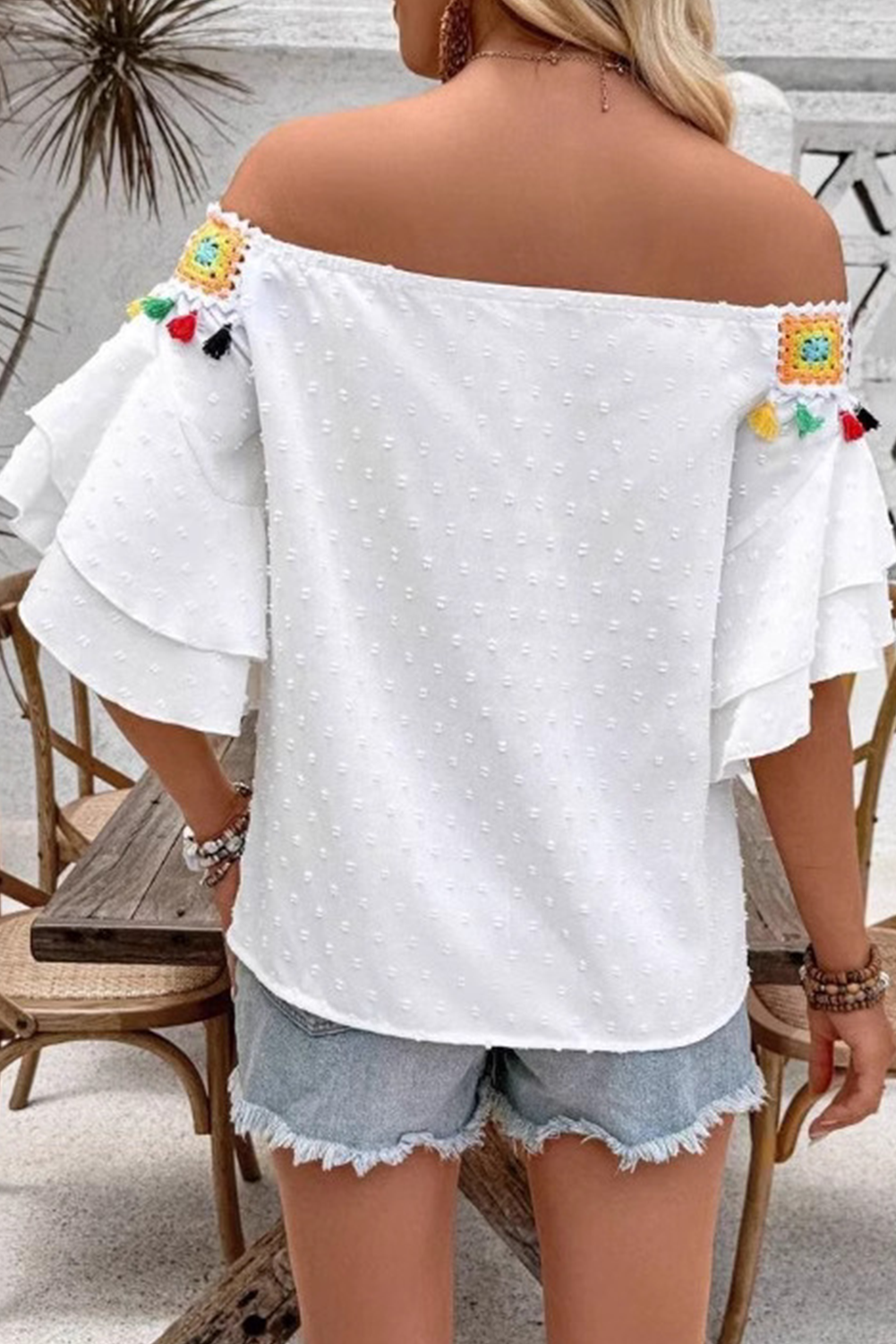 White Tassel Crochet Floral Off Shoulder Ruffle Sleeve Top