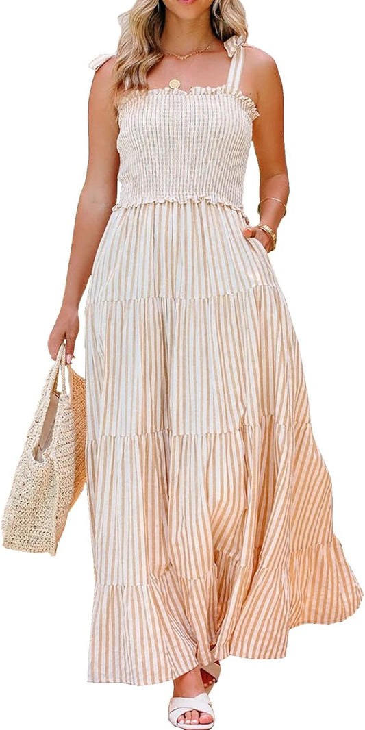 Women'S Summer Cotton Adjustable Straps Boho Stripe Casual Flowy a Line Midi Dress with Pockets