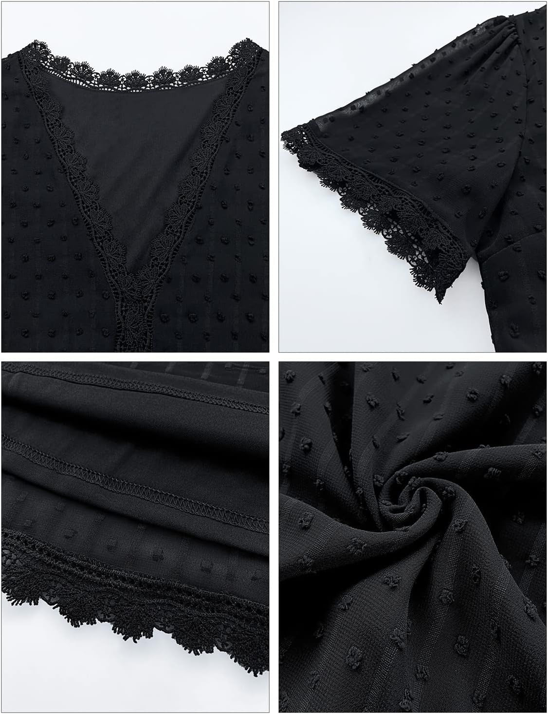 Women'S Summer V Neck Casual Short Sleeve Swiss Dot Lace Shift Dress