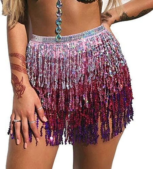 Women Boho Beach Sequin Tassel Mini Skirts Music Festival Party Club Hip Scarf Belt Wrap Skirt