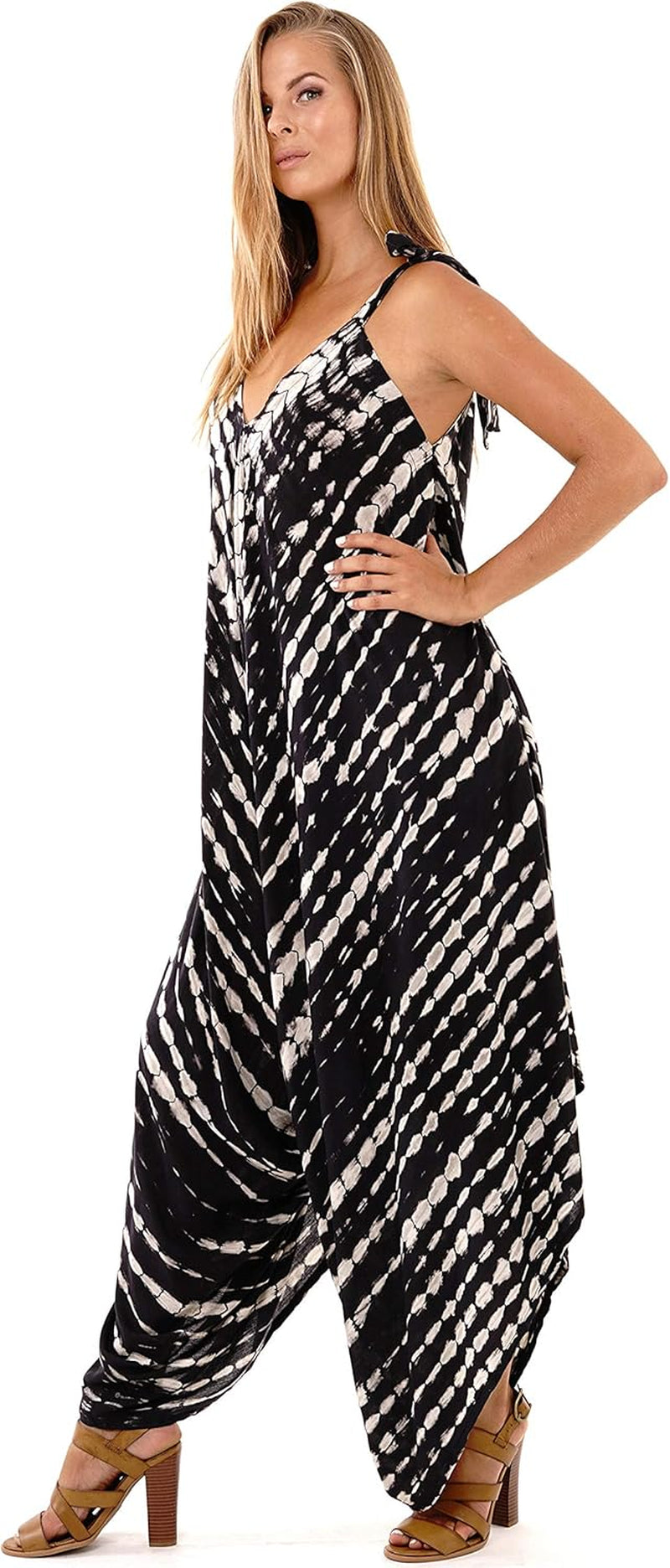 Womens Boho Harem Jumpsuit Casual Sleeveless One Piece Romper Wide Leg Loose Fit Tie Dye