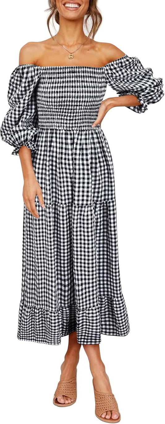 Women'S Boho Flowy Cottagecore Puff Sleeve off the Shoulder Summer Casual Plaid Ruffle Midi Long Dress,2-M Black
