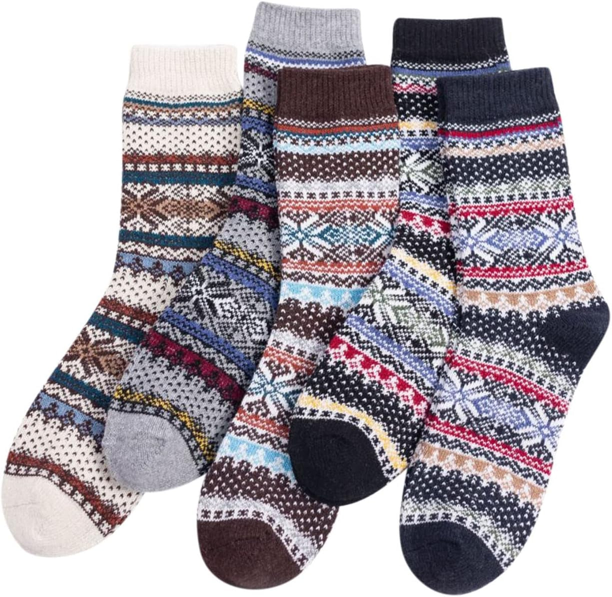 5 Pairs Winter Womens Wool Socks - Warm Thick Knit Soft Cozy Crew Socks Christmas Gift Socks for Women Vintage Casual Socks