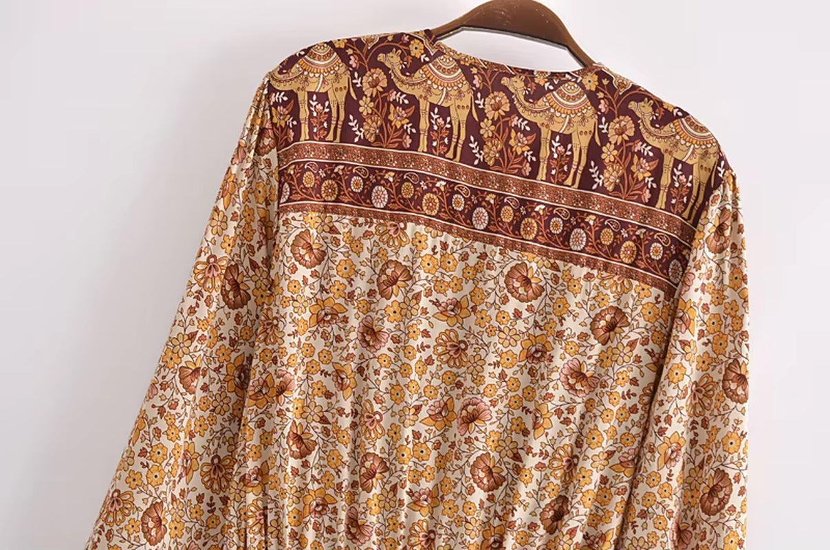 Women Floral Print Sashes Boho Playsuits Ladies Tie V Neck Long Sleeve Tassel Rayon Beach Rompers Bodysuit