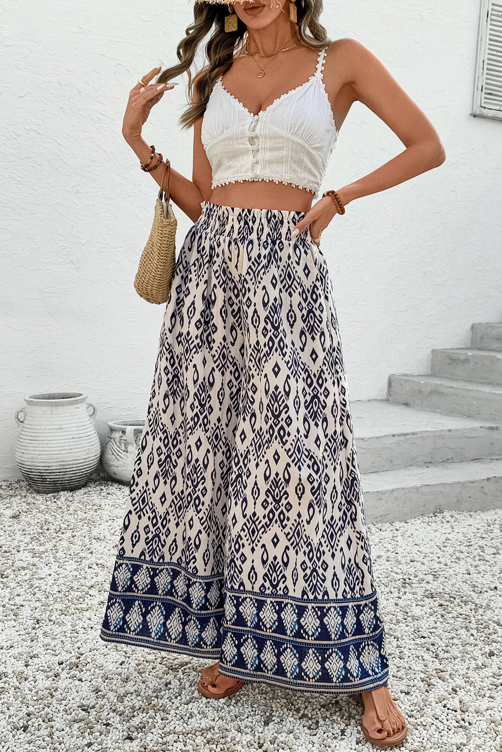 Blue Ethnic Print High Waist Wide Leg Loose Pants