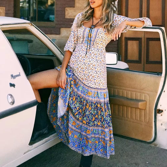 Women Floral Print Long Sleeve Beach Loose Sashes Fold Bohemian Maxi Dress Ladies O-Neck Boho Sundress Vestidos