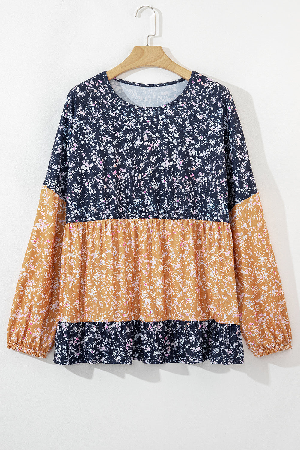 Blue Ditsy Floral Color Block Ruffle Hem Long Sleeve Top