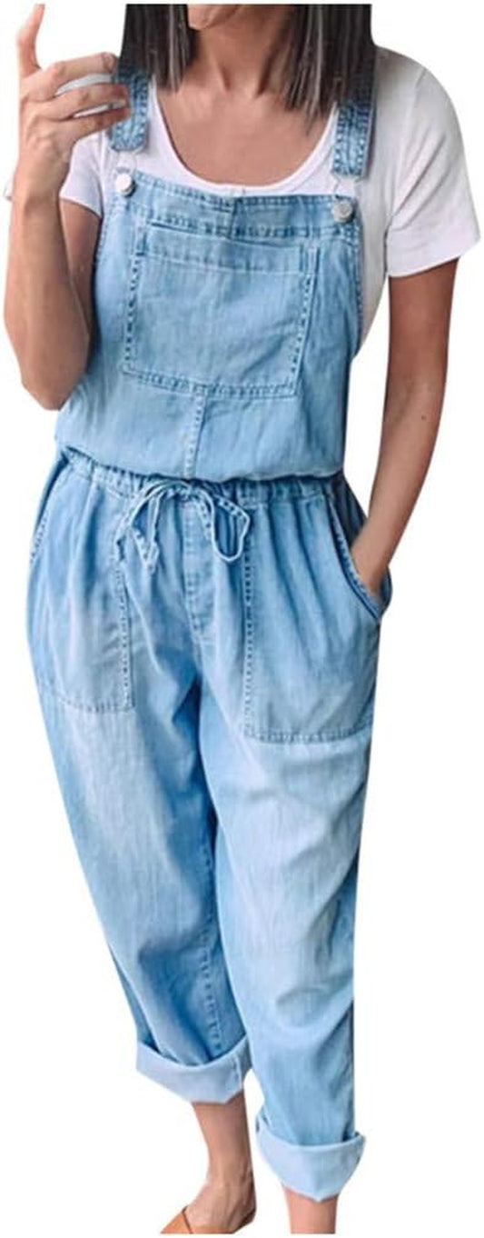 Women Denim Jumpsuit Long Jeans Romper Pants Sleeveless Playsuit High Waist Wide Jumpsuit Pockets Overall