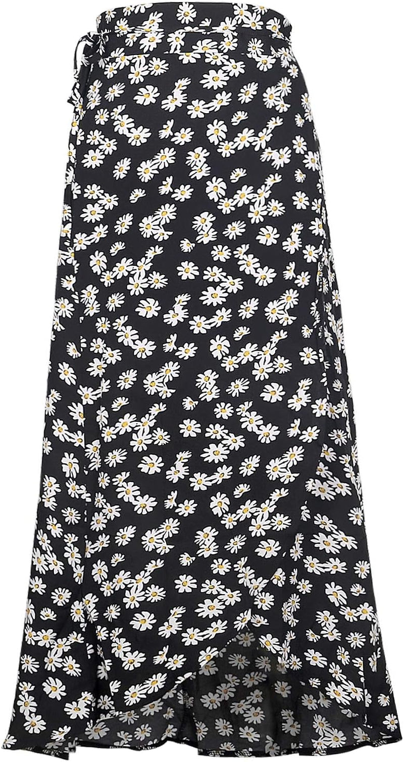 Womens Boho Floral Tie up Waist Summer Beach Wrap Cover up Maxi Skirt
