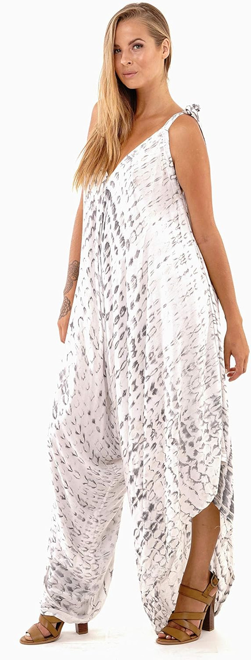 Womens Boho Harem Jumpsuit Casual Sleeveless One Piece Romper Wide Leg Loose Fit Tie Dye