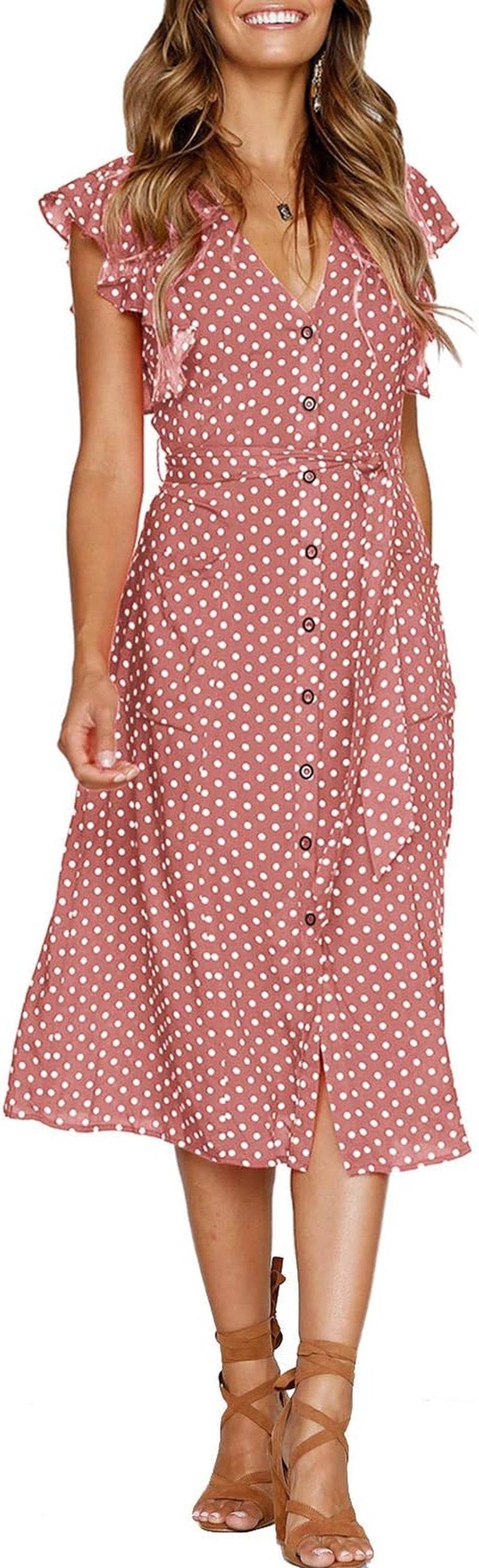 Women'S Boho Polka Dot Flutter Short Sleeve V Neck Button down Swing Midi Dress with Pockets