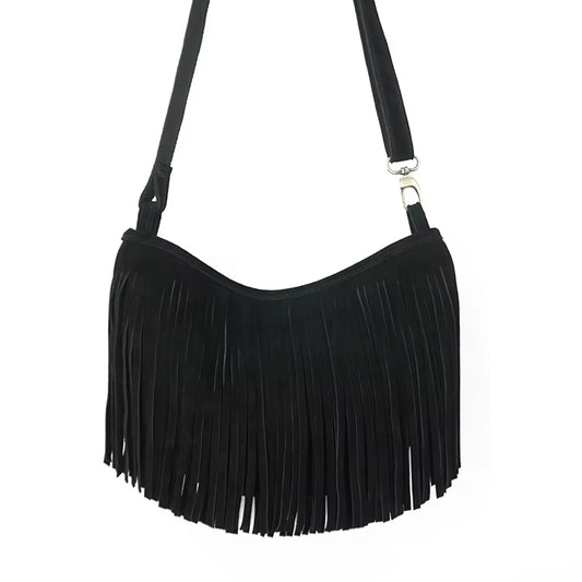 Women Genuine Leather Suede Fringed Shoulder Bag Fashion Street Boho Hippie Gypsy Gothic Ibiza Soft Pouch Side Sling Bag