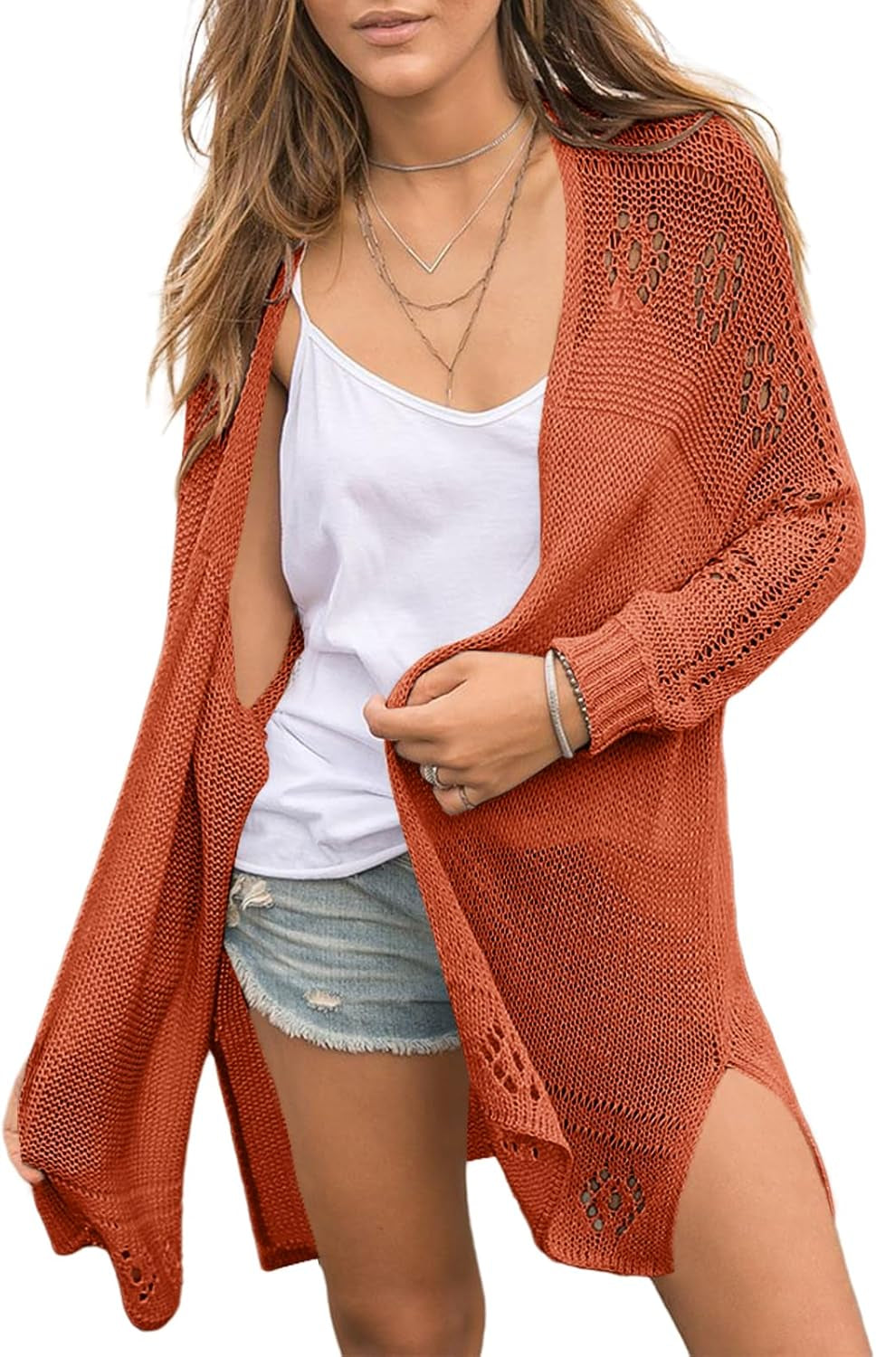 Womens Open Front Knit Sheer Cardigans Summer Boho Lightweight Long Sleeve Kimono Long Sweater