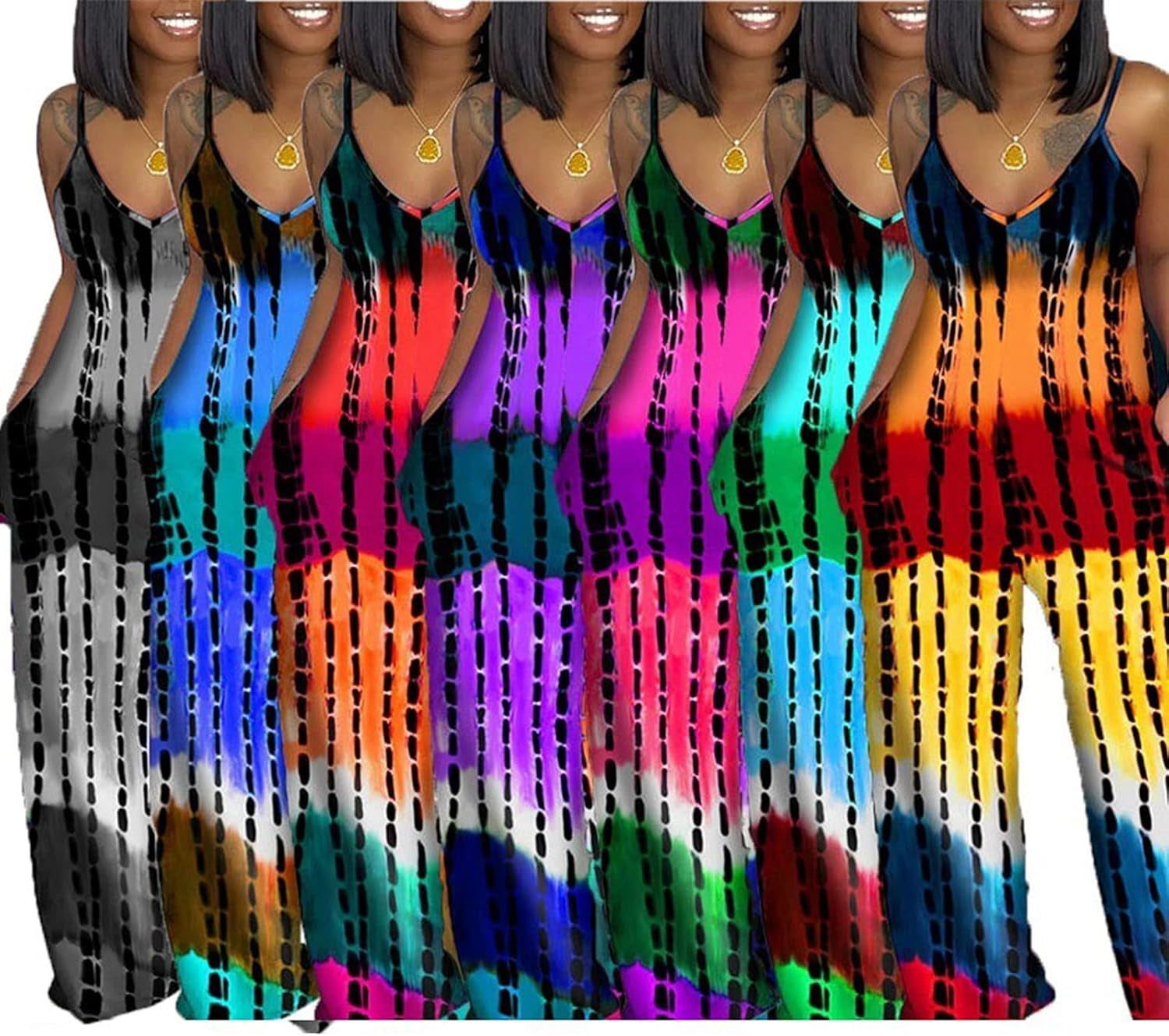 Women Summer Casual Sleeveless Strap Loose Jumpsuits Tie Dye Stretchy Long Pants Romper with Pockets #5 Red XL