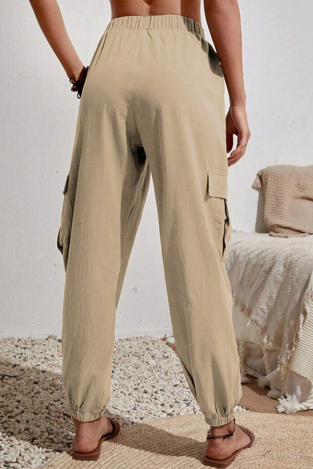 Pale Khaki Solid Color Pocket Cargo Pants