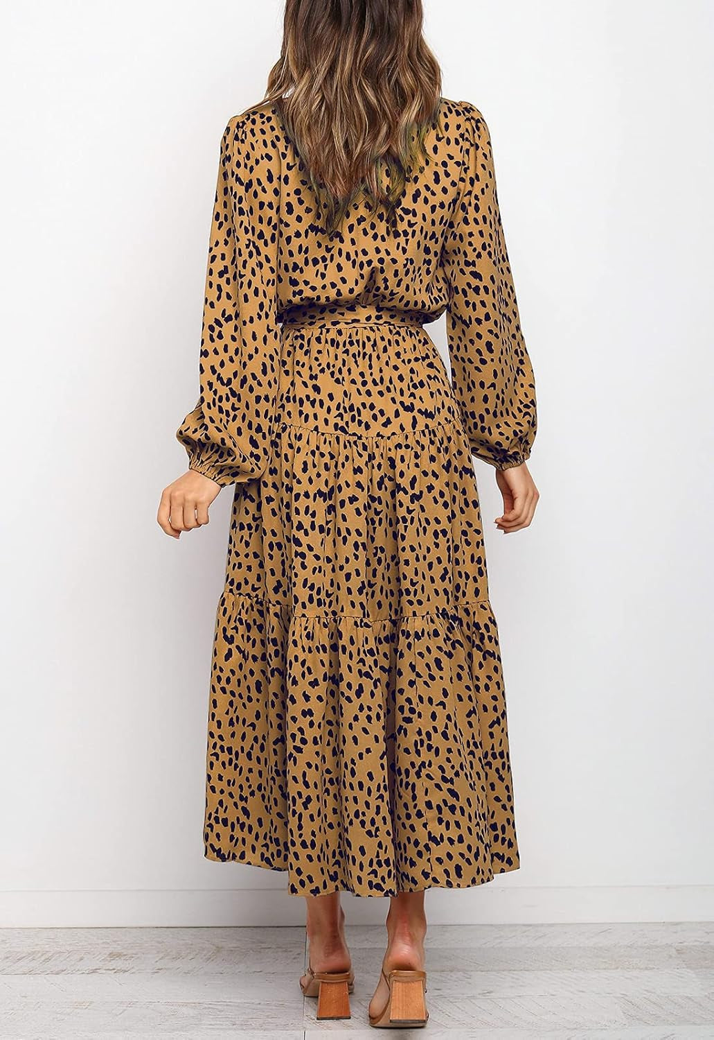 Women'S Boho Leopard Print Ruffle Long Sleeve V Neck Casual Flowy Party Maxi Dress