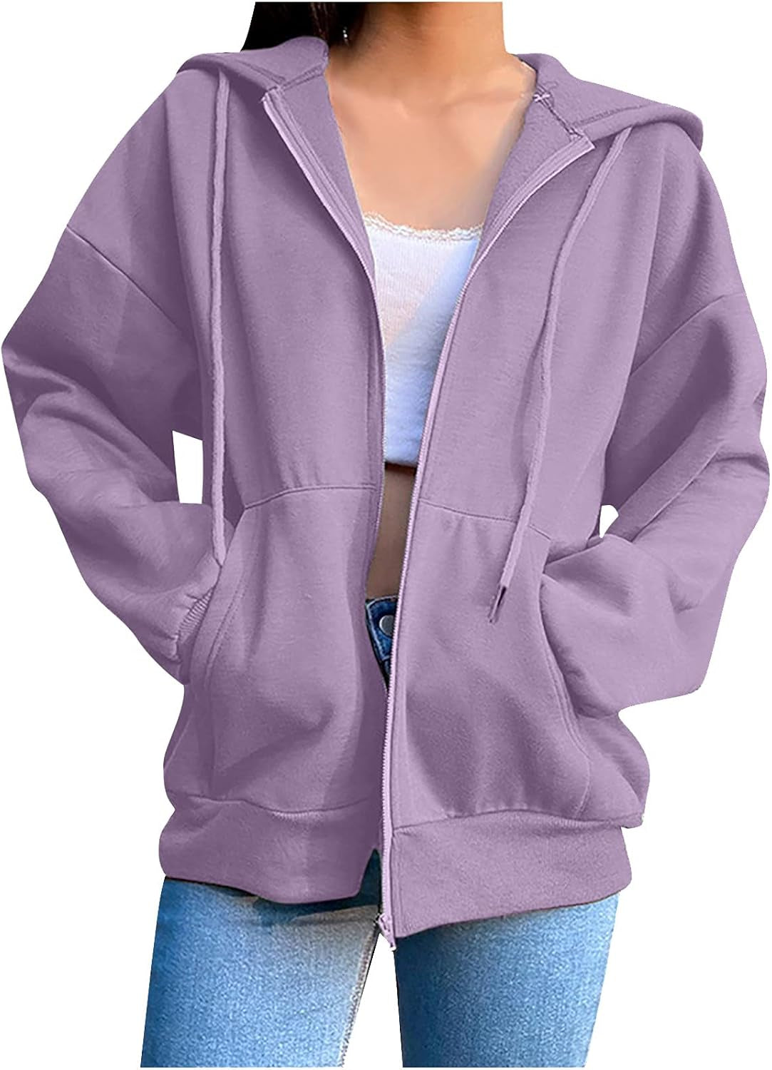 Womens Zip up Hoodie Coat, Winter Plush Long Sleeve Fuzzy Sweater Jacket Trendy Solid Color Comfy Oversized Outwear