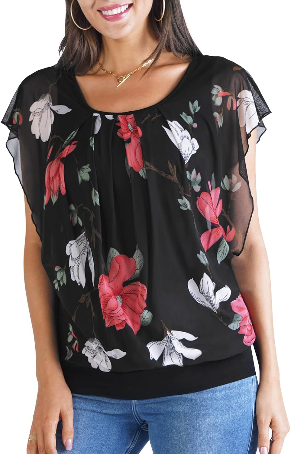 Womens Summer Tops Flutter Short Sleeve Pleated Front Mesh Shirts Dressy Casual Blouses