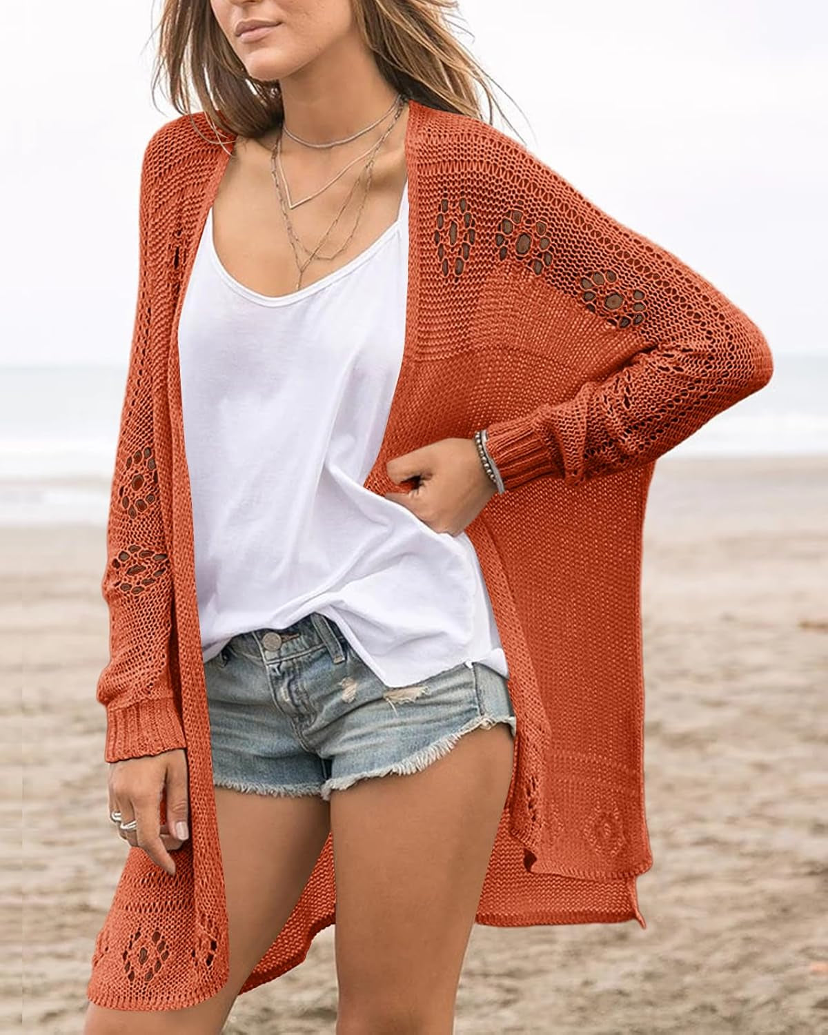 Womens Open Front Knit Sheer Cardigans Summer Boho Lightweight Long Sleeve Kimono Long Sweater