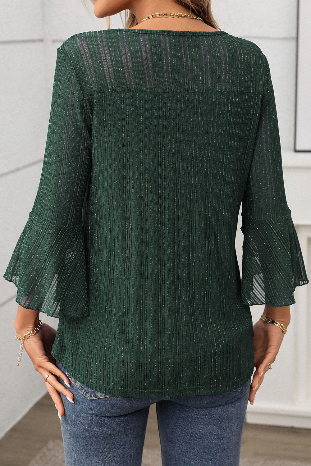 Blackish Green Bell Sleeve Shiny Mesh Top