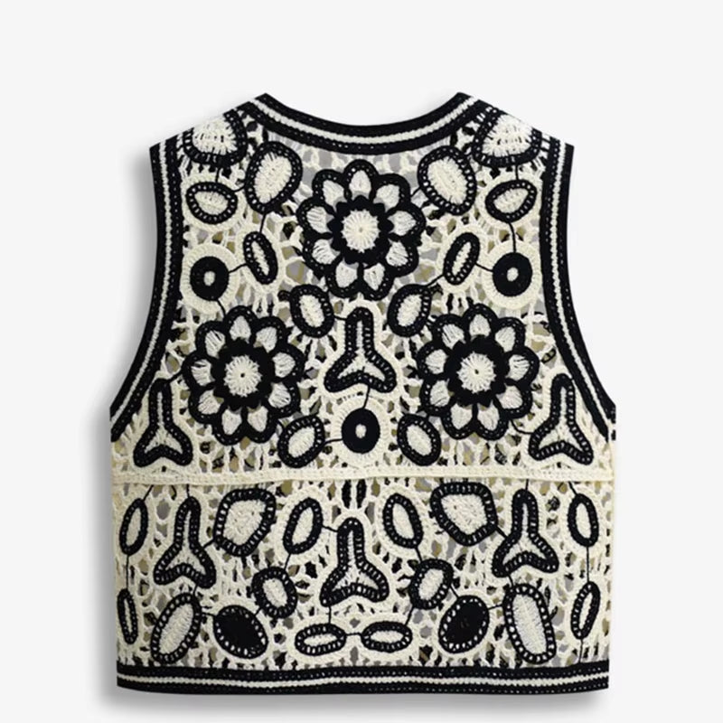 Women Vintage Hollow Out Crochet Crop Top Vest Embroidery Floral Sleeveless Jacket Cardigan Button down Boho Hippie Casual New