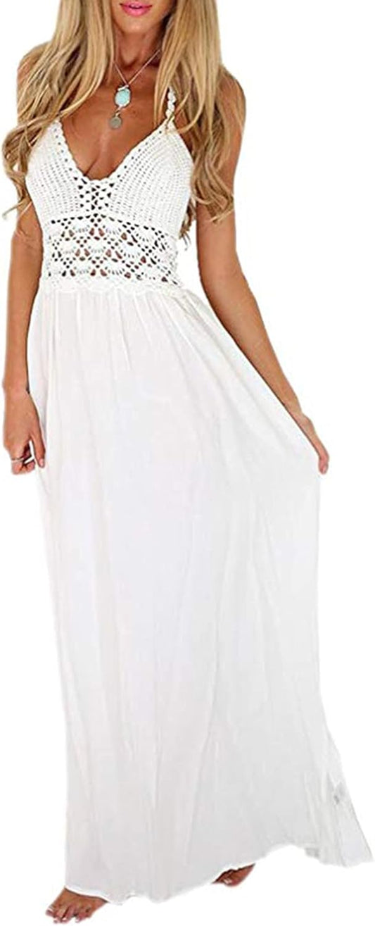 Women'S Beach Crochet Backless Bohemian Halter Maxi Long Dress